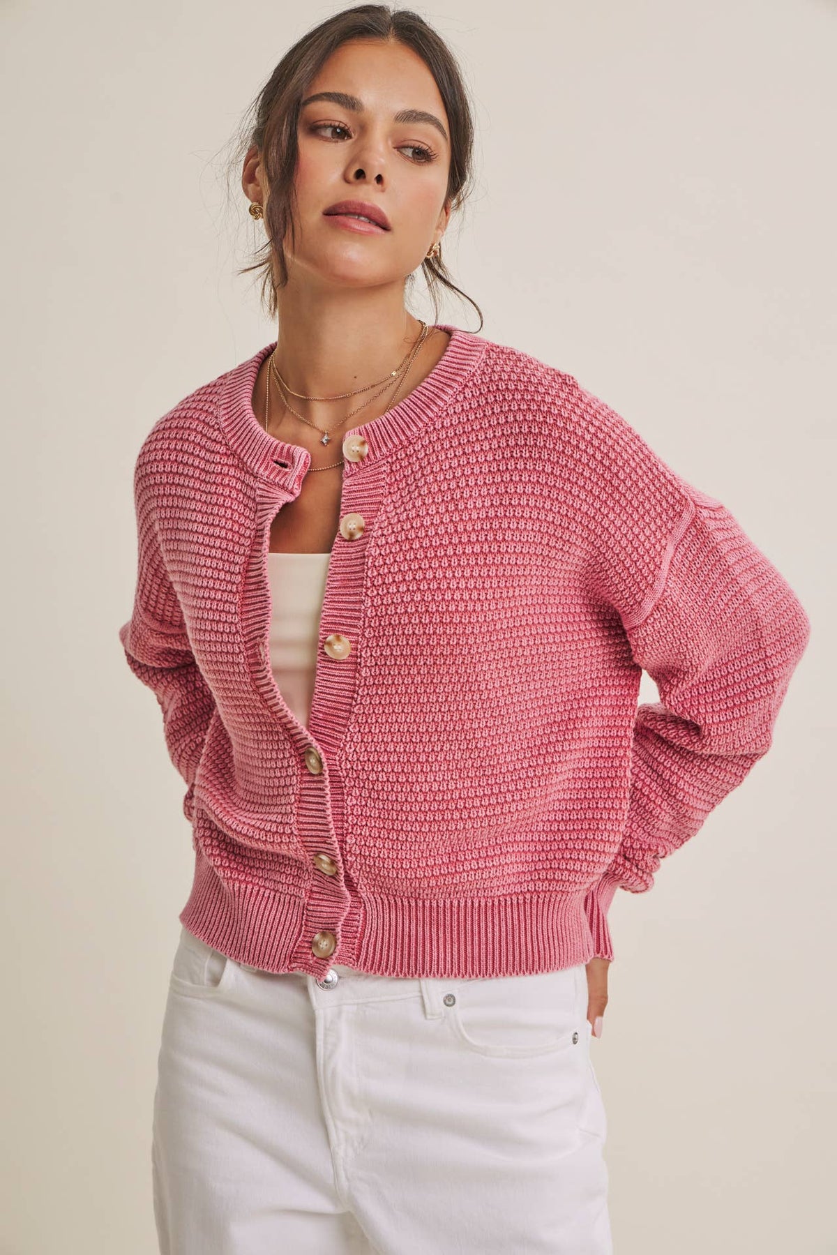 MINERAL-WASHED CABLE KNIT COTTON CARDIGAN