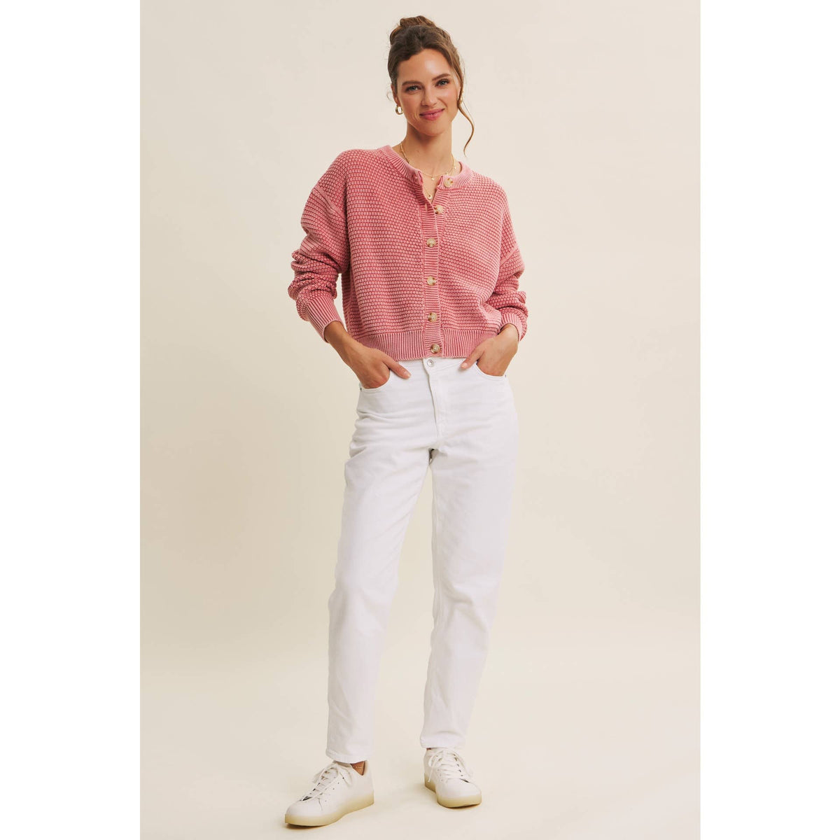 MINERAL-WASHED CABLE KNIT COTTON CARDIGAN