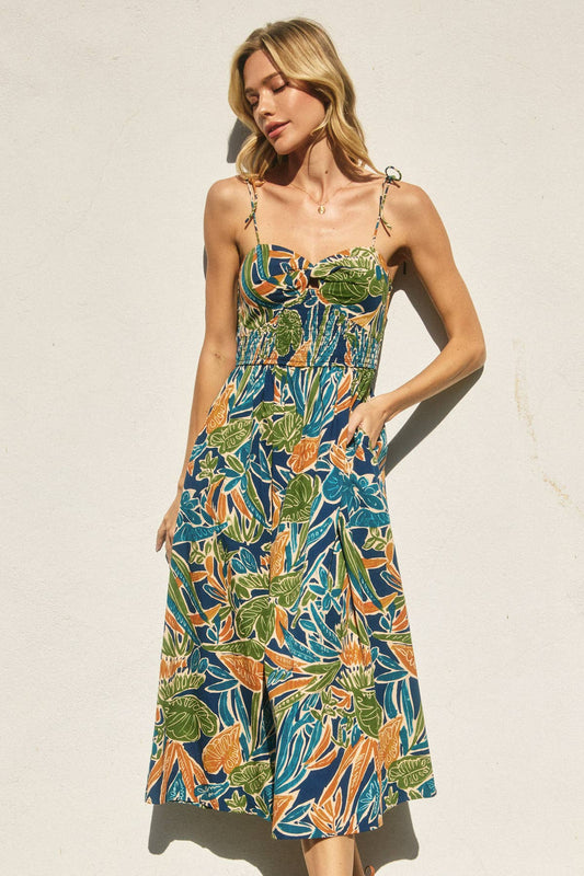 Havana Twist Knot Tie Shoulder Midi Dress