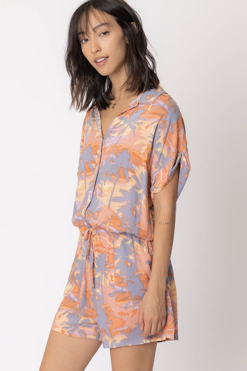 Short Sleeve Tropical Print Romper