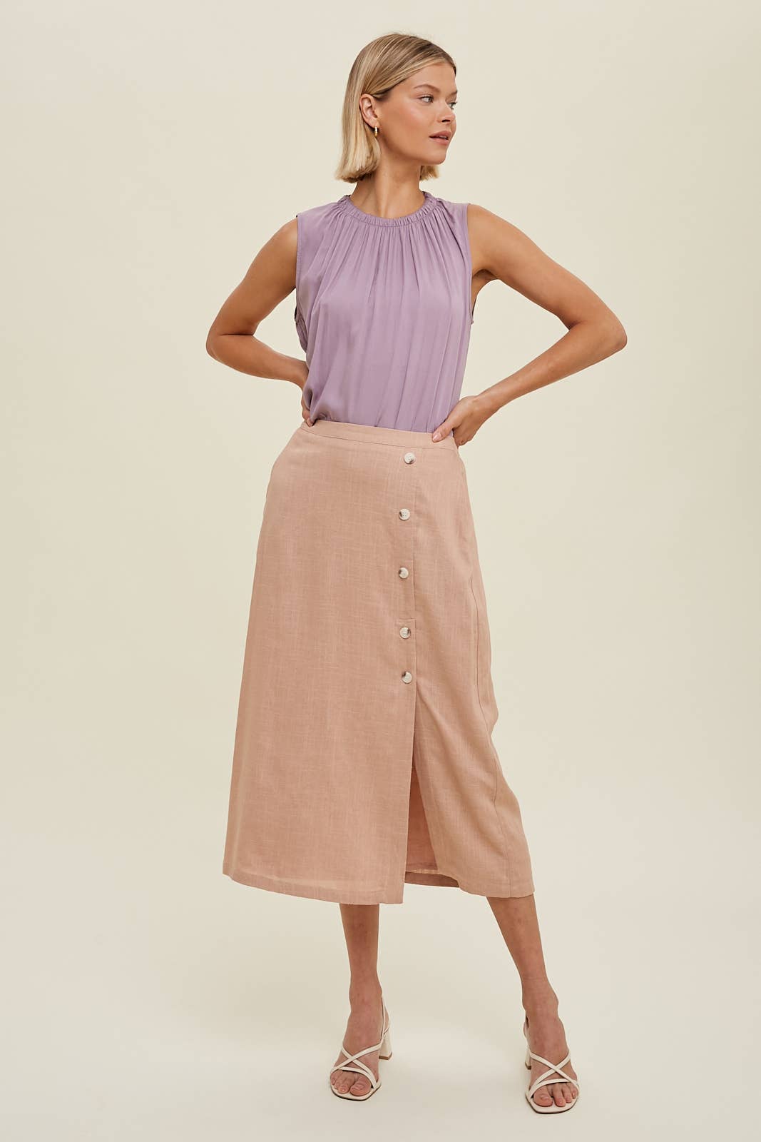 LINEN LOOK MIDI SKIRT WITH SIDE BUTTON DETAIL
