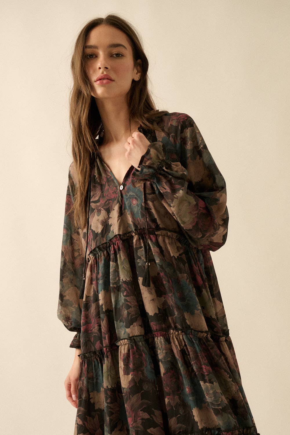 Floral-Print Tiered Ruffle Long-Sleeve Midi Dress FINAL SALE