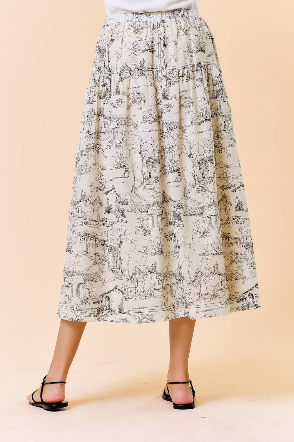 PRINTED COTTON BLEND ELASTIC WAIST MIDI SKIRT