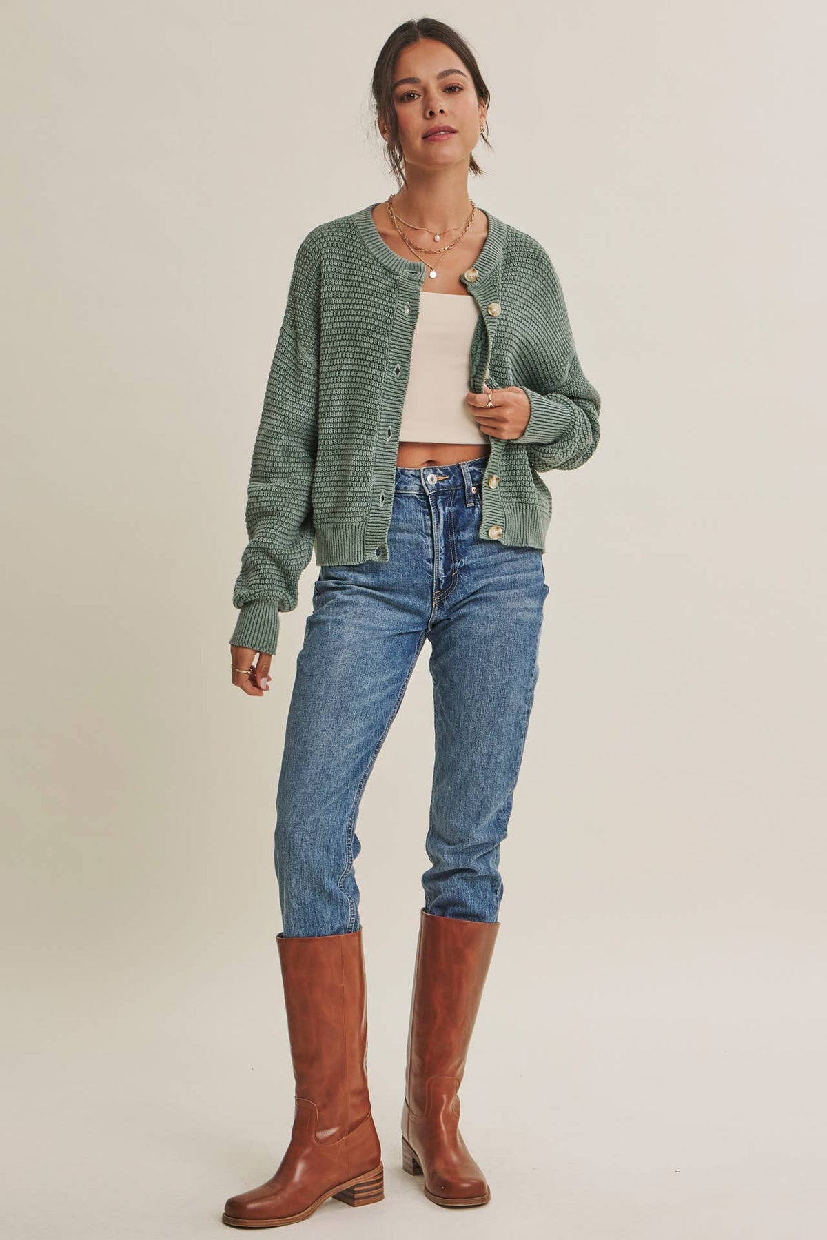 MINERAL-WASHED CABLE KNIT COTTON CARDIGAN
