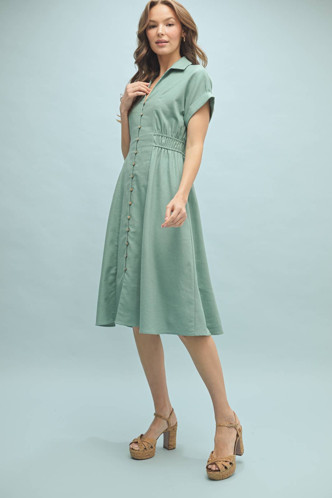 COLLARED BUTTON-UP MIDI DRESS