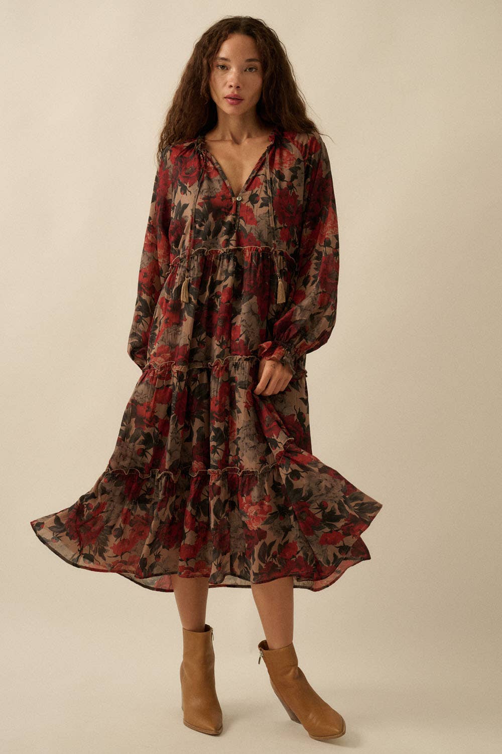 Floral-Print Tiered Ruffle Long-Sleeve Midi Dress FINAL SALE