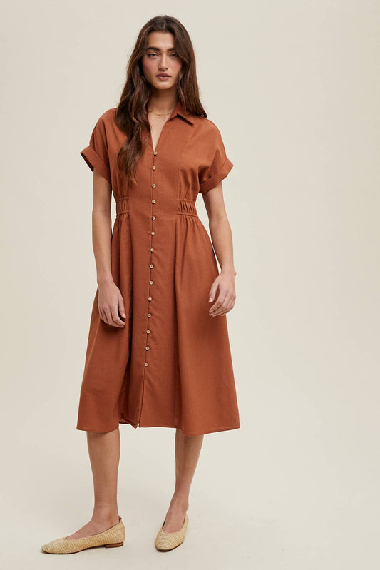 COLLARED BUTTON-UP MIDI DRESS