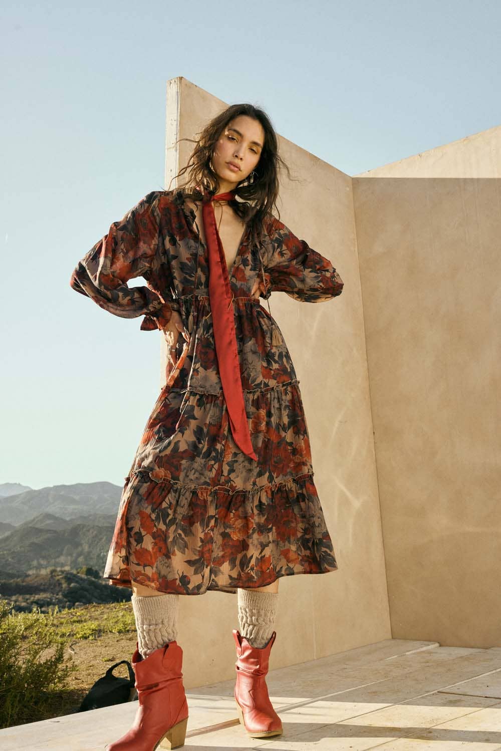 Floral-Print Tiered Ruffle Long-Sleeve Midi Dress FINAL SALE
