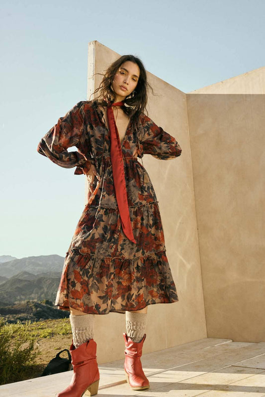 Floral-Print Tiered Ruffle Long-Sleeve Midi Dress