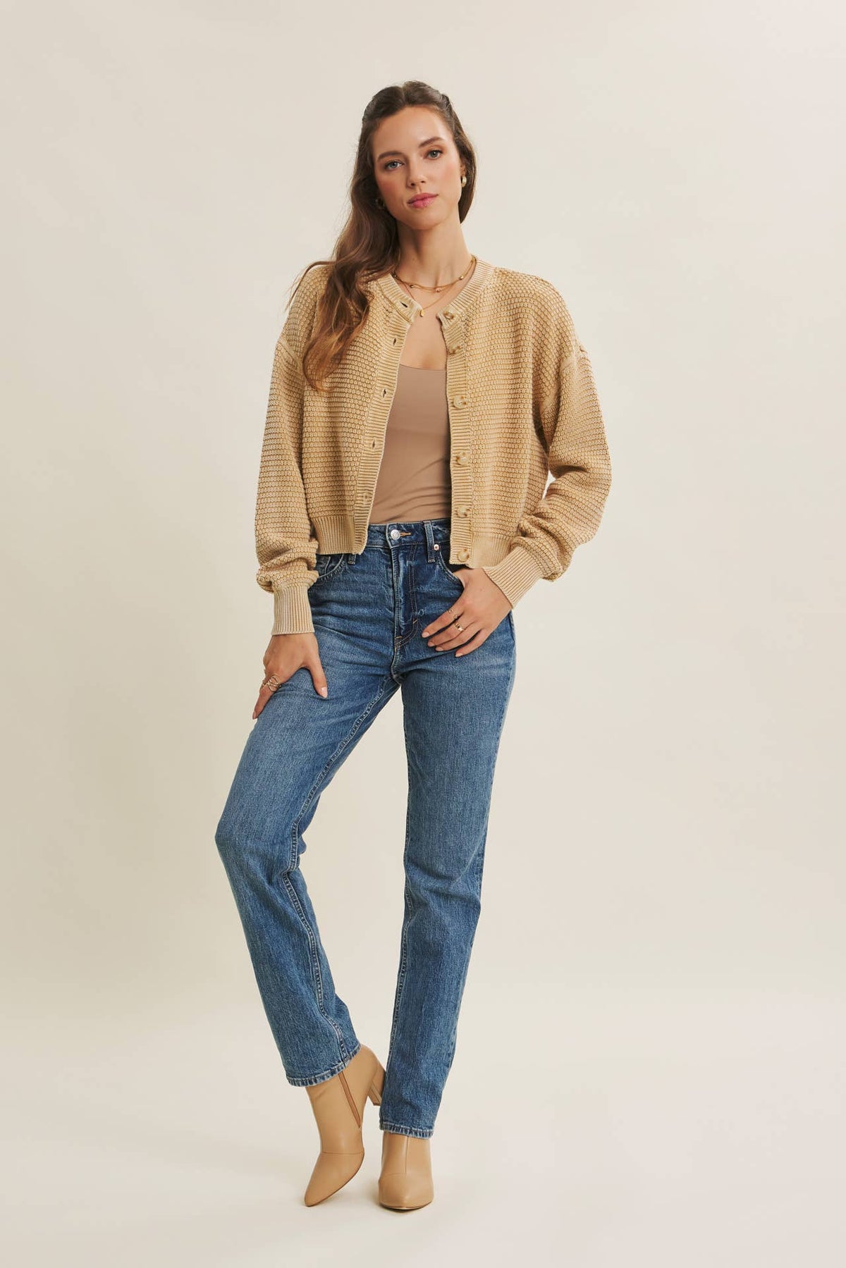 MINERAL-WASHED CABLE KNIT COTTON CARDIGAN