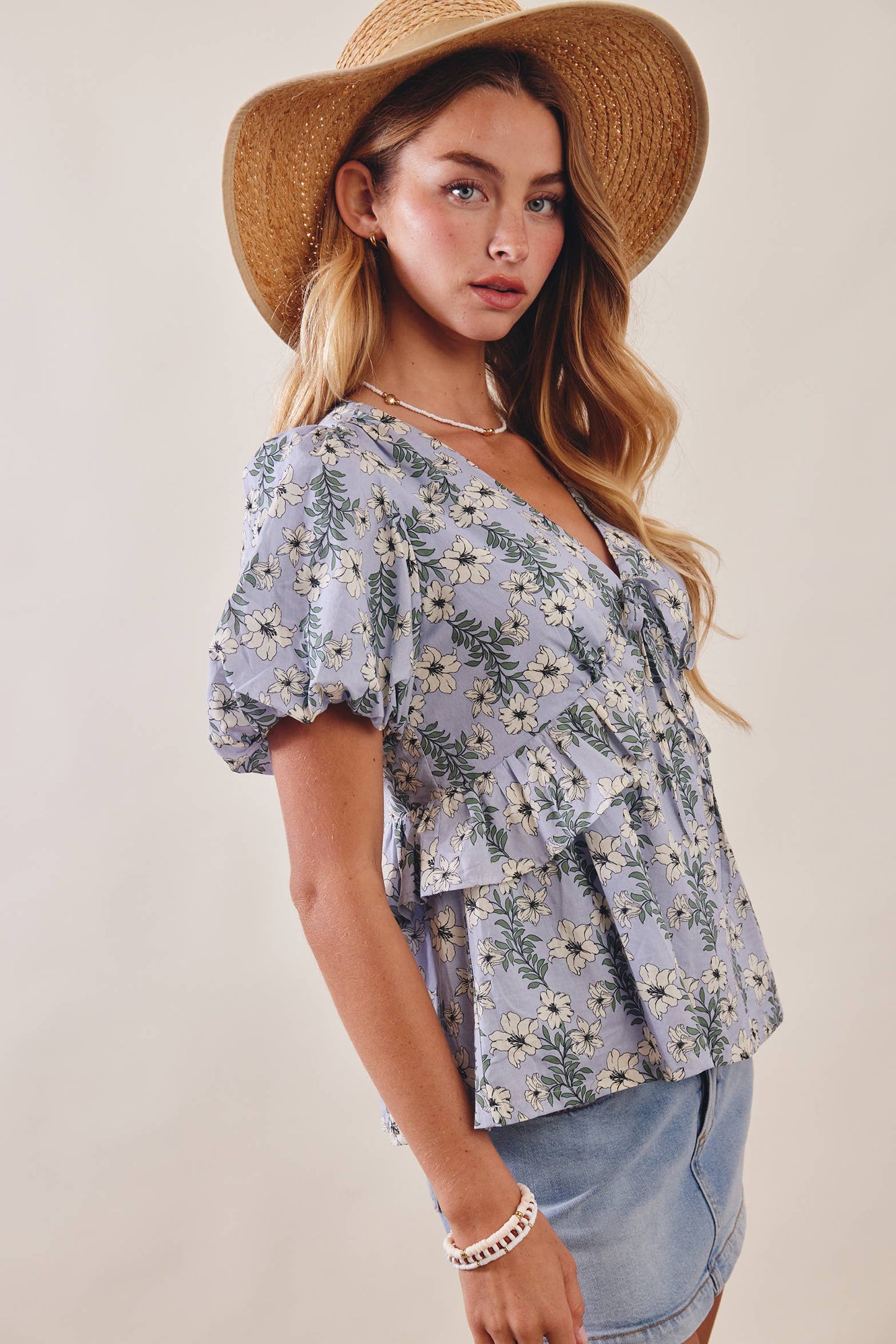 Floral Puff Sleeve Lined Blouse
