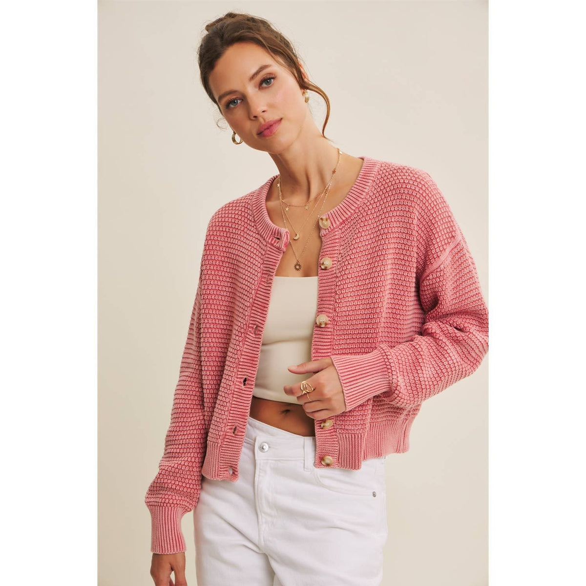 MINERAL-WASHED CABLE KNIT COTTON CARDIGAN