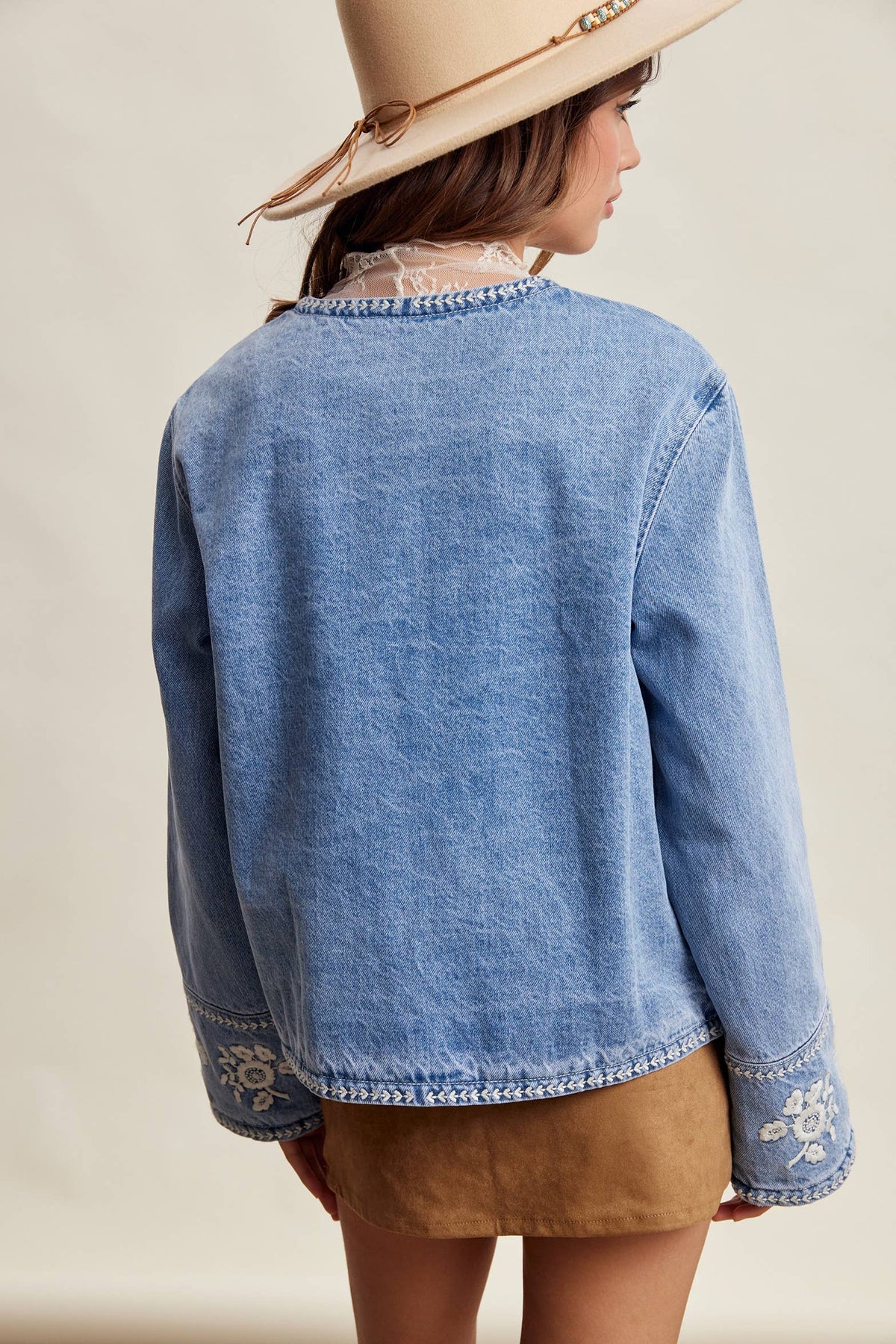 Embroidered Floral Lined Denim