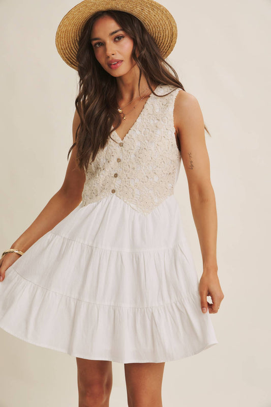 FRENCH PICNIC MIXED MEDIA COTTON CROCHET MINI DRESS