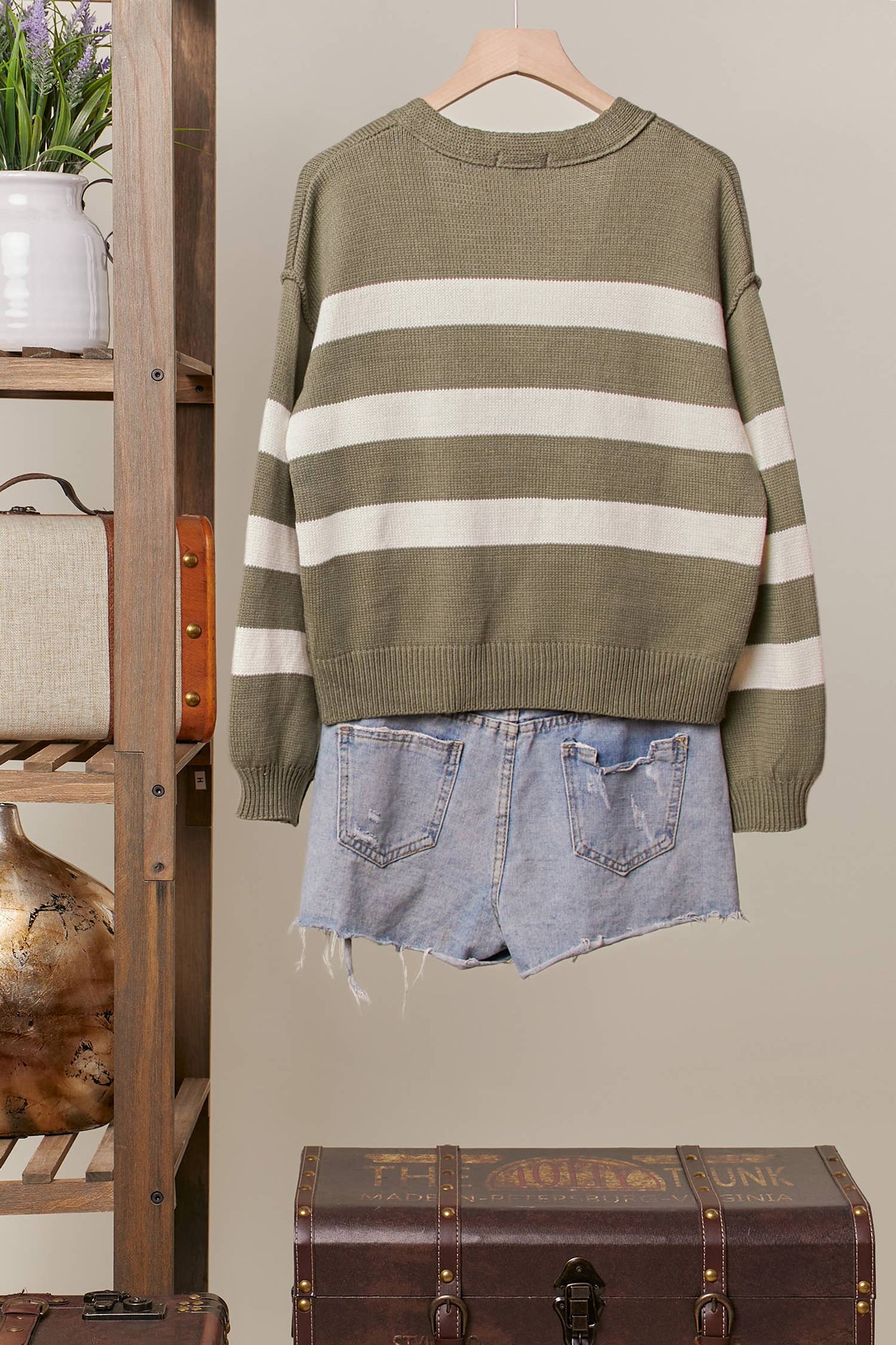 Striped  V Neck Knit Cardigan