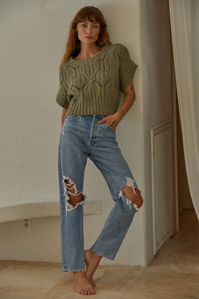 Knit Sweater Crochet Round Neck Short Sleeve Top: Olive