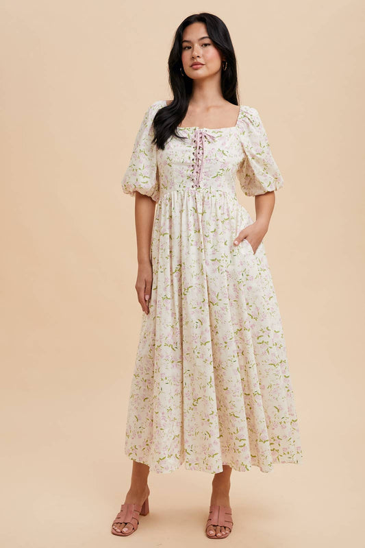 CORSET LACEUP PUFF SLEEVE DRESS: PINK PEONY
