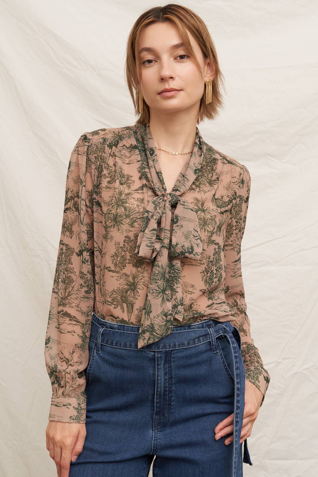 Printed Long Sleeve Tie-Neck Chiffon Blouse