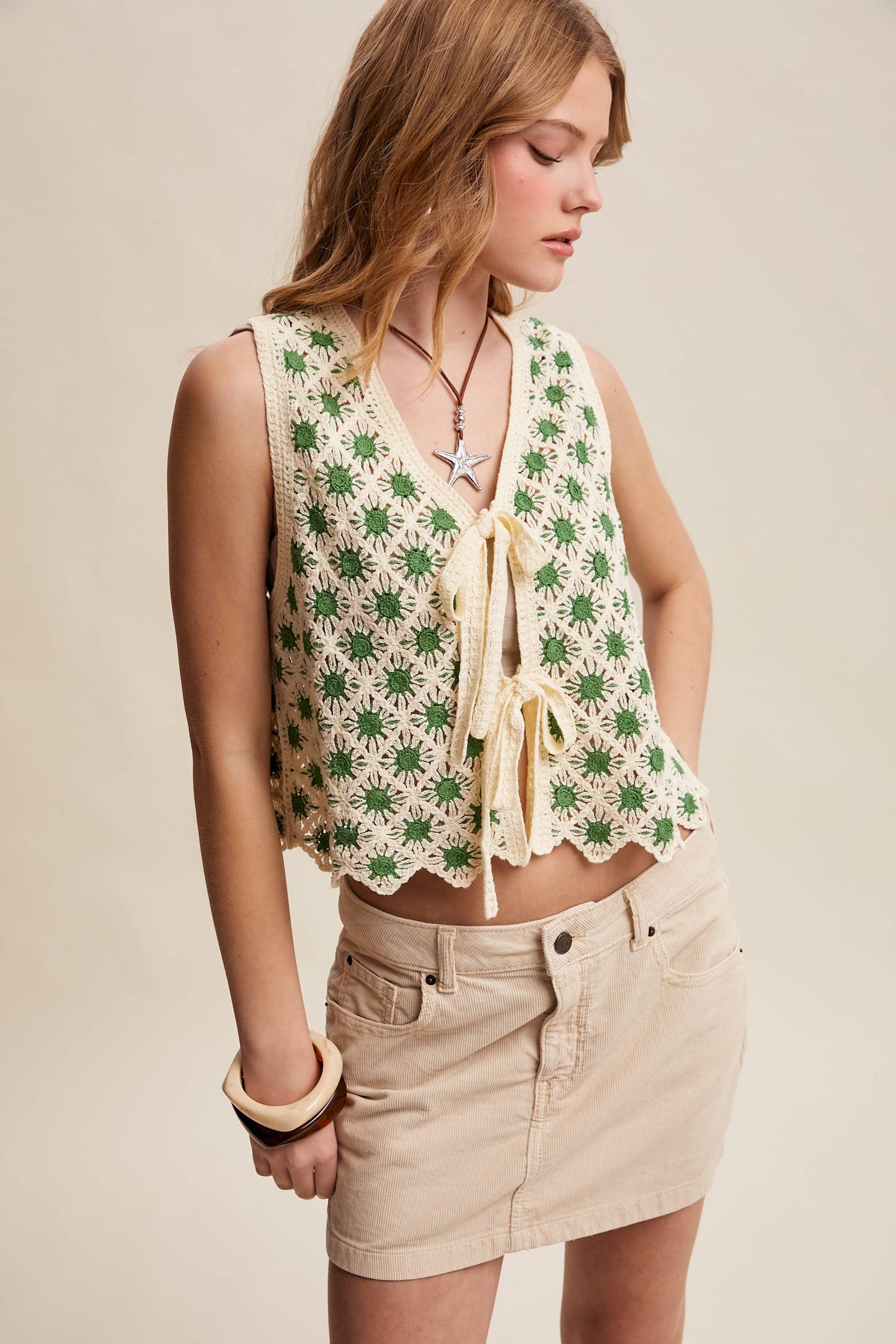Crochet Daisy Tie-Front Vest