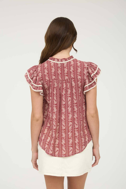 STRIPE FLORAL PATTERN TIE FRONT RUFFLE TOP