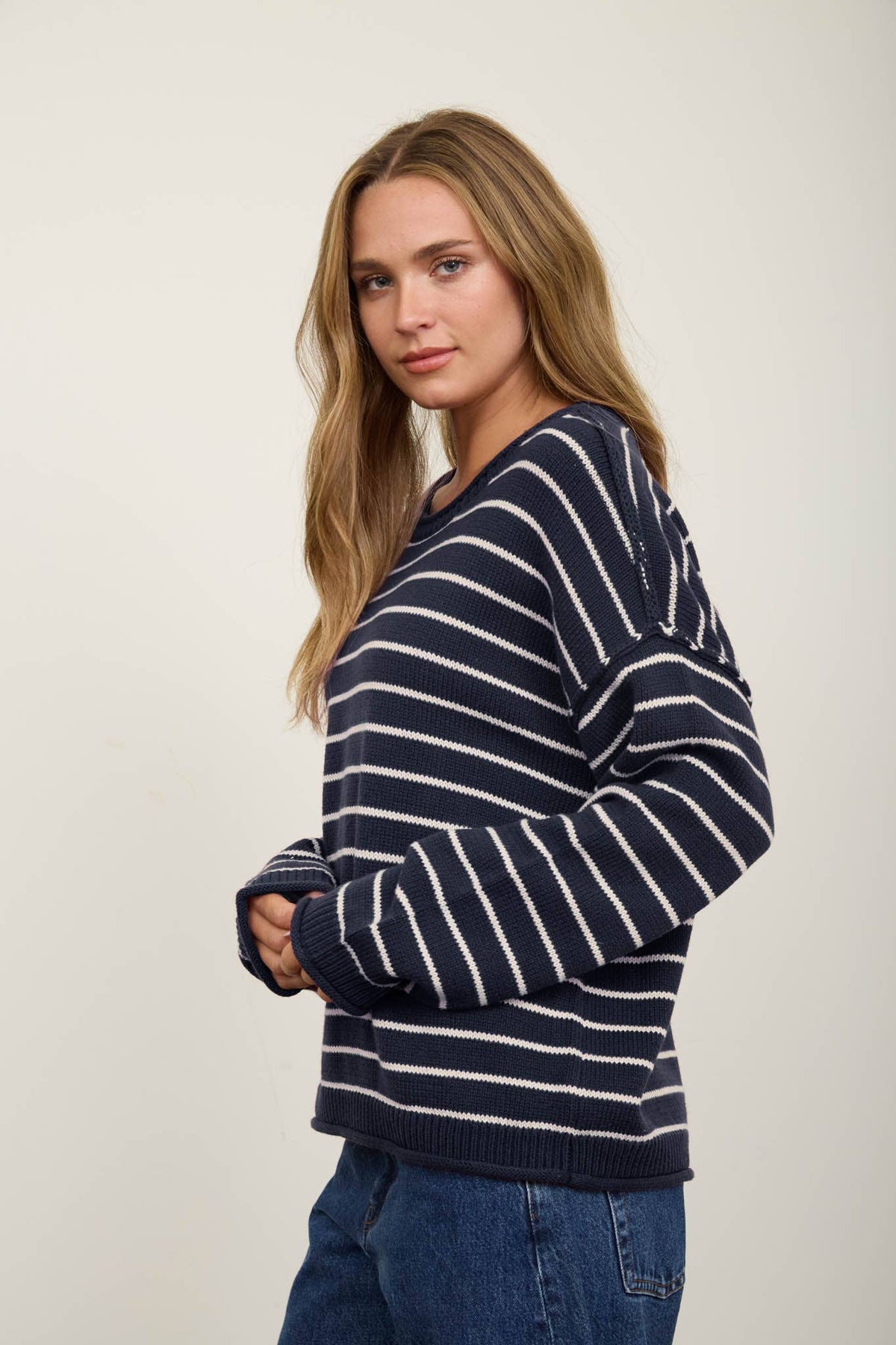 Navy Stripe Rolled Collar Sweater
