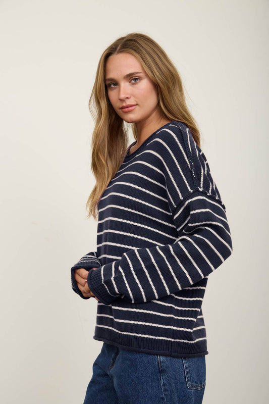 Navy Stripe Rolled Collar Sweater