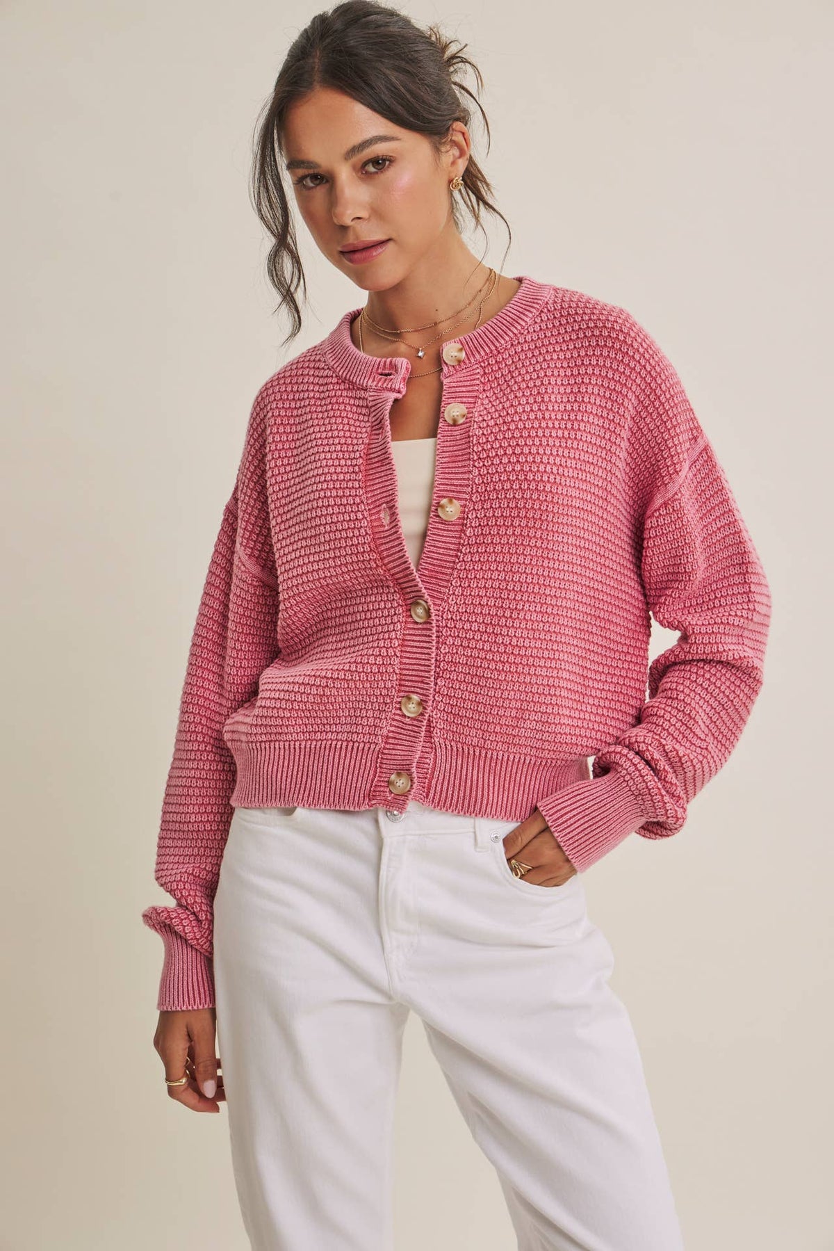 MINERAL-WASHED CABLE KNIT COTTON CARDIGAN