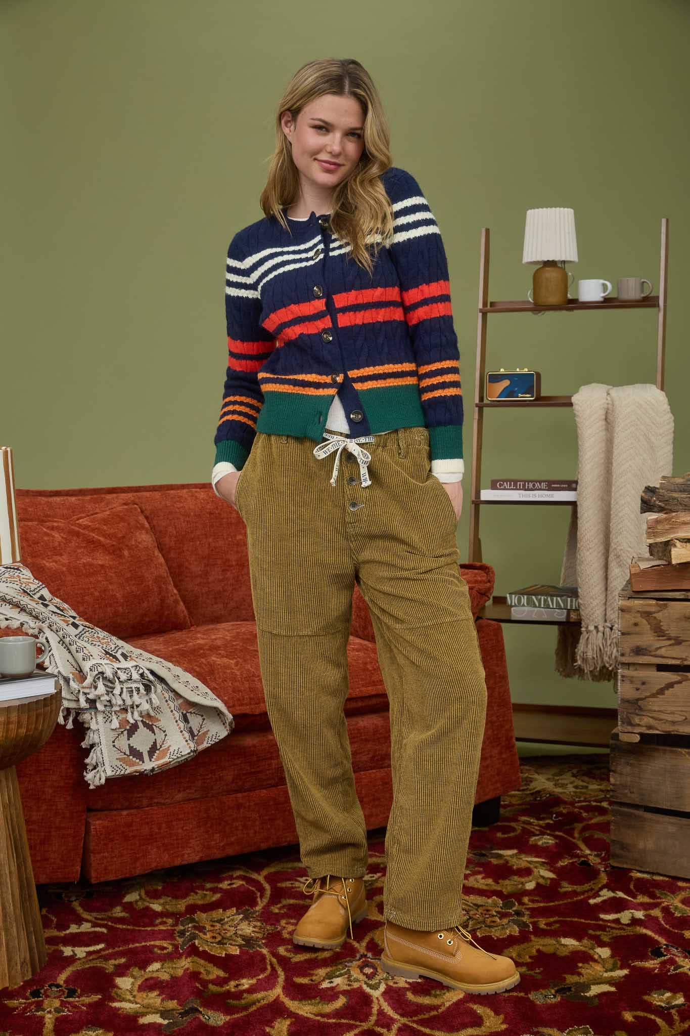 MULTICOLOR STRIPE CABLE KNIT BUTTON DOWN CARDIGAN