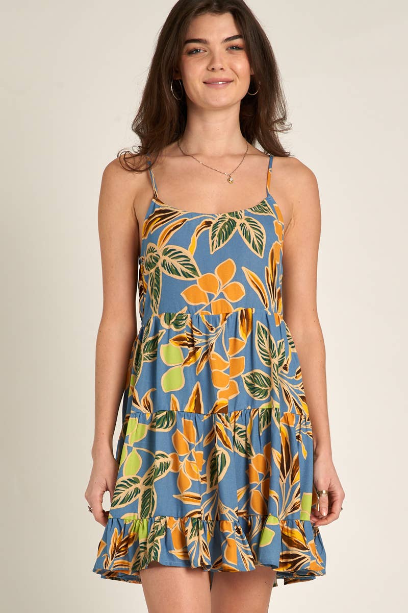 Spaghetti Strap Babydoll Mini Dress: Blue Tropical