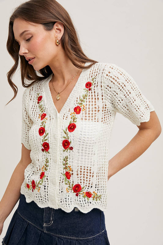FLORAL EMBROIDERED BUTTON DOWN KNIT TOP