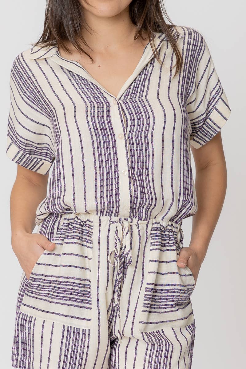 Striped Short Sleeve Romper: CREAM PURPLE