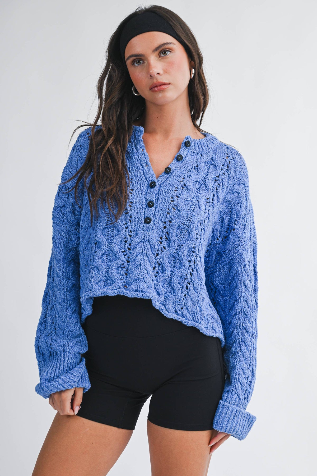 Textured Cropped Henley Knit Sweater