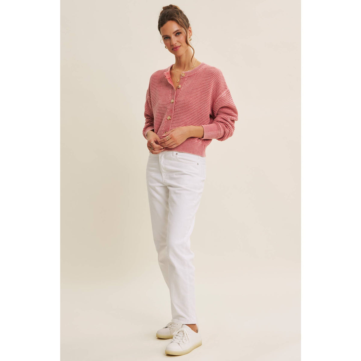 MINERAL-WASHED CABLE KNIT COTTON CARDIGAN