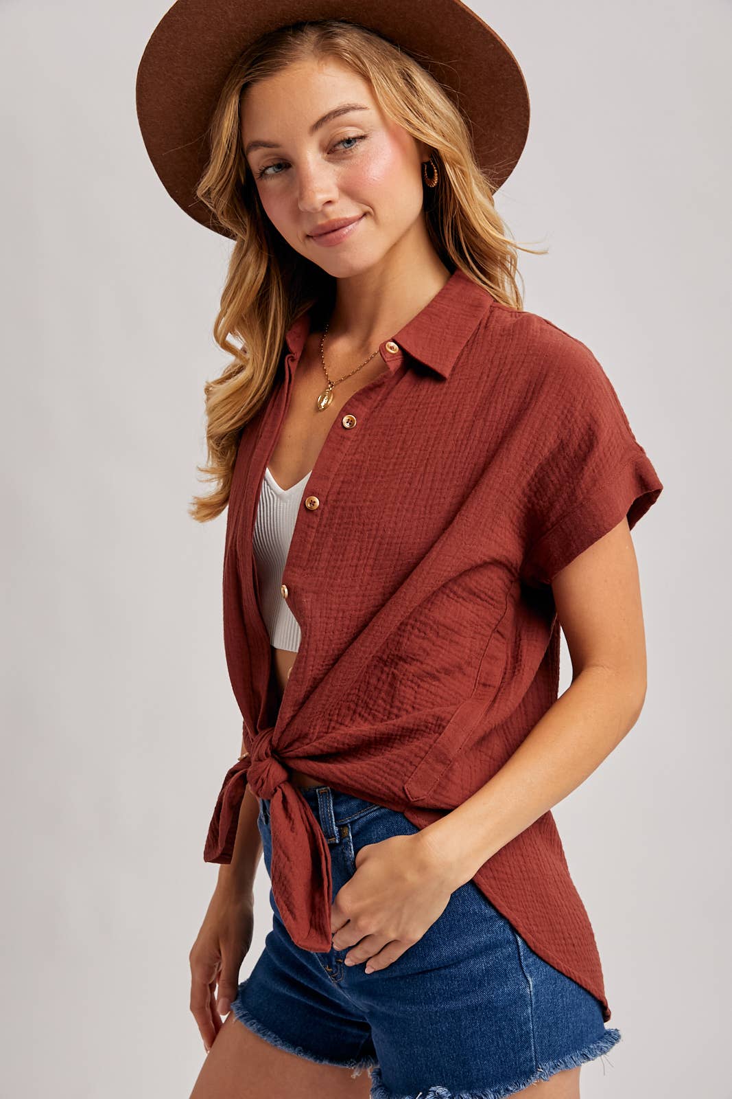 Our Best-Selling Essential Button Up Cotton Shirt Now in Brick