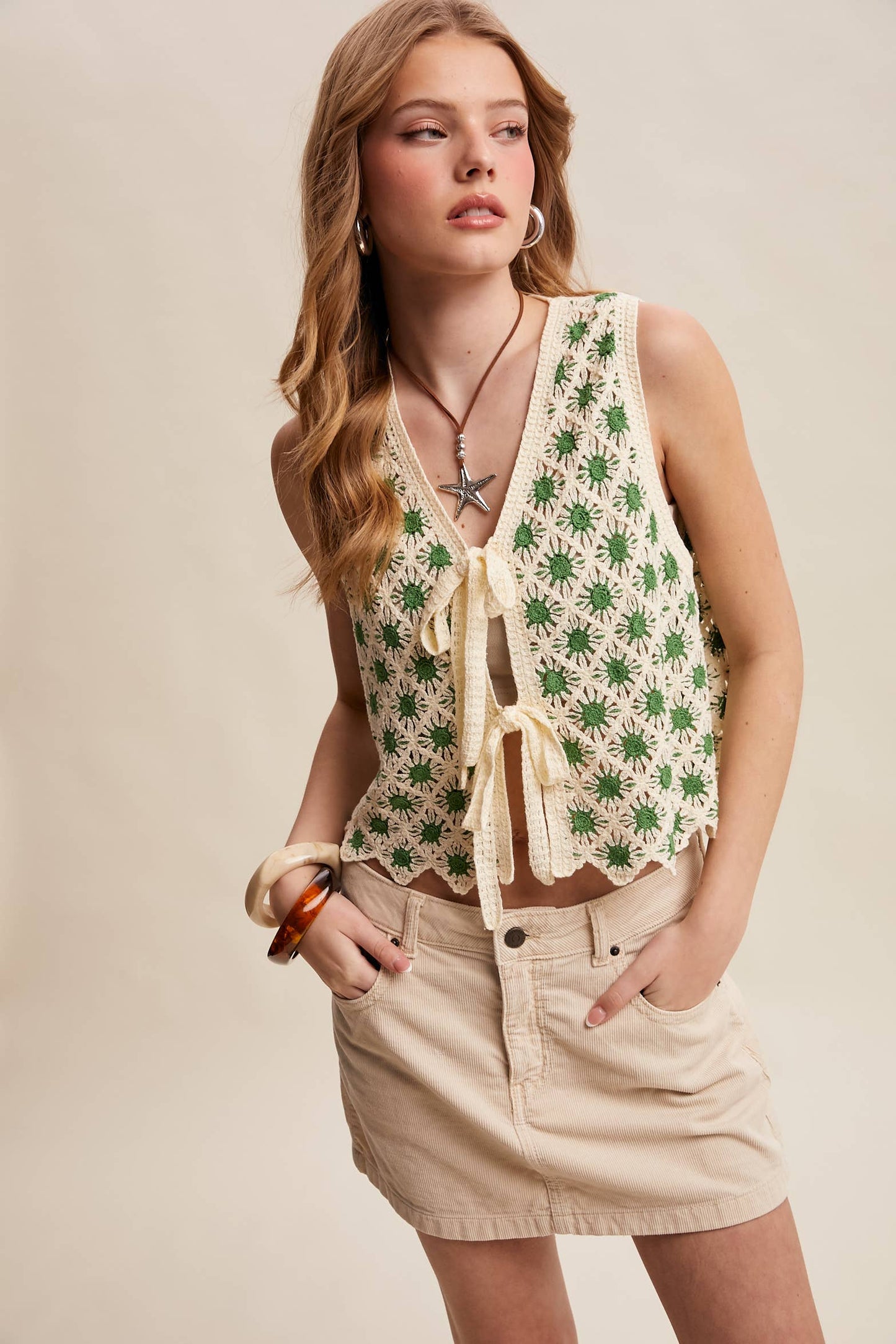 Crochet Daisy Tie-Front Vest