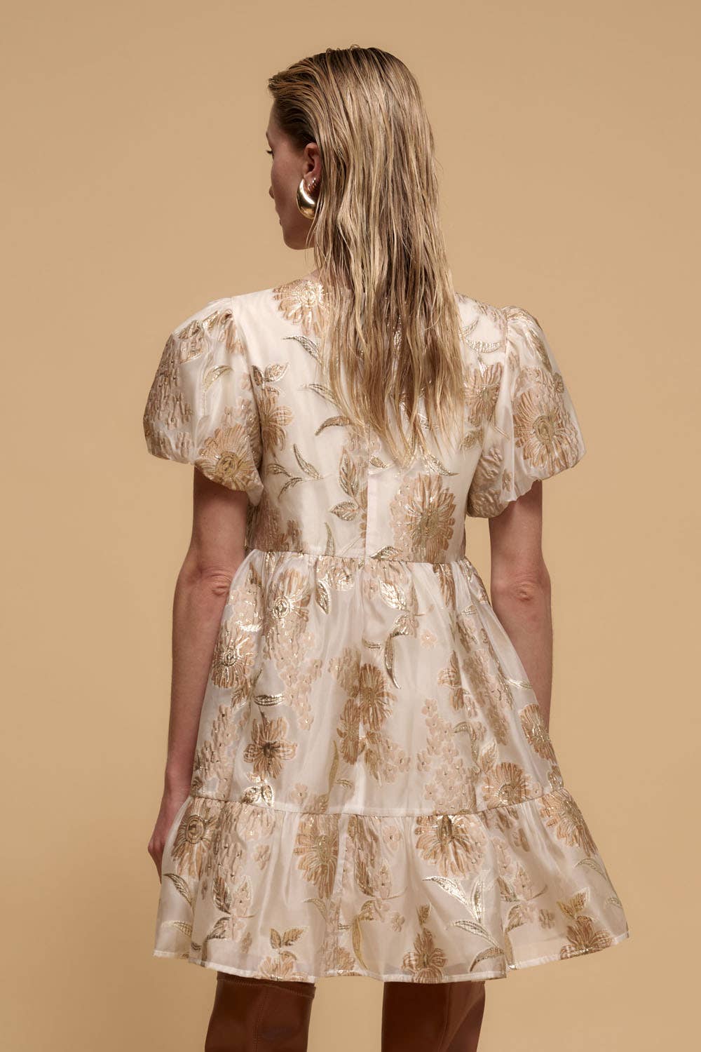 Metallic Floral Gold Chiffon Babydoll Mini Dress
