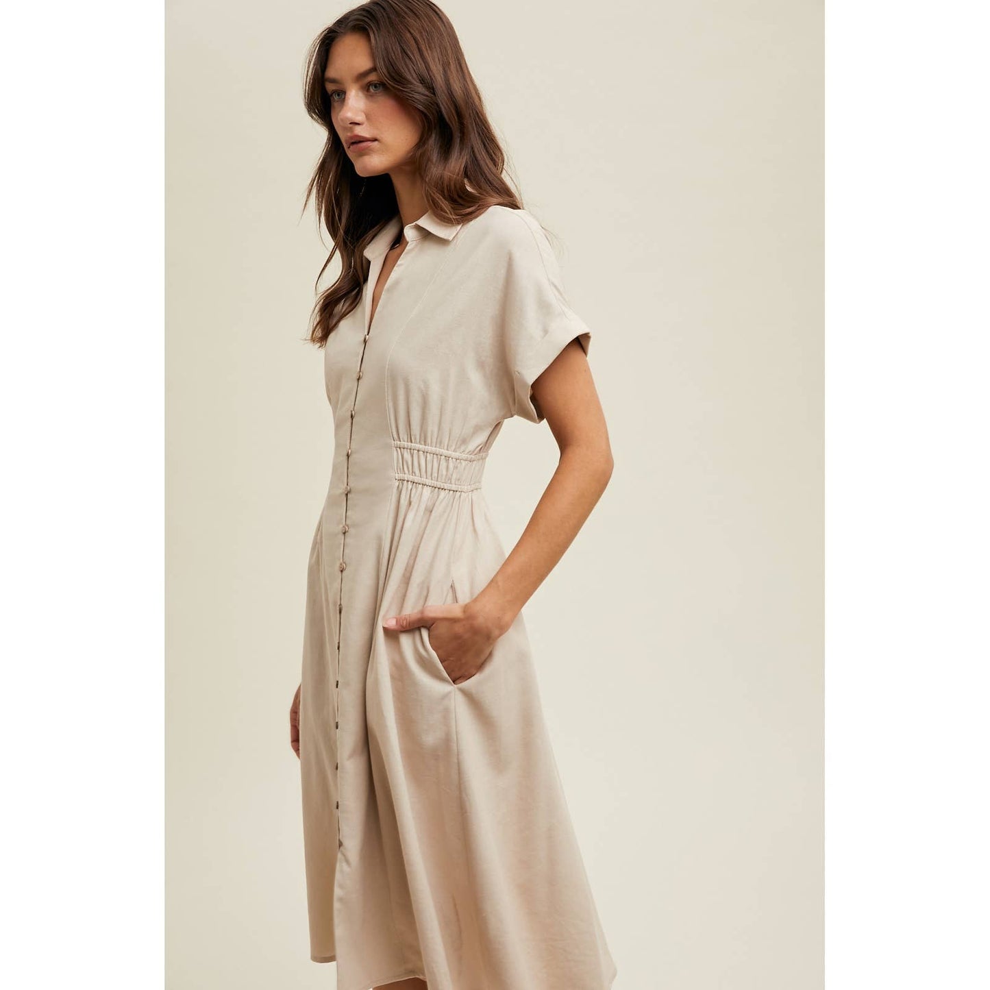 COLLARED BUTTON-UP MIDI DRESS
