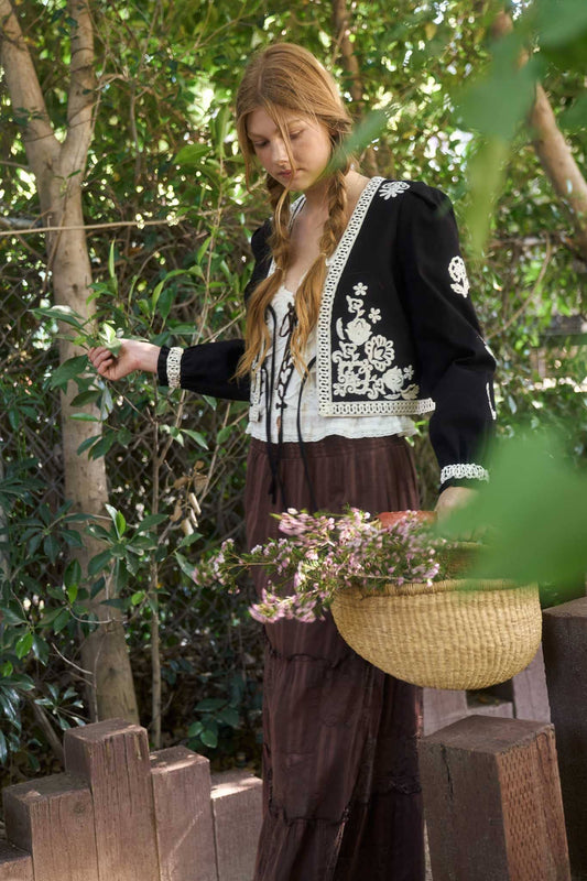 EMBROIDERY DETAIL FRONT TIE LONG SLEEVE JACKET