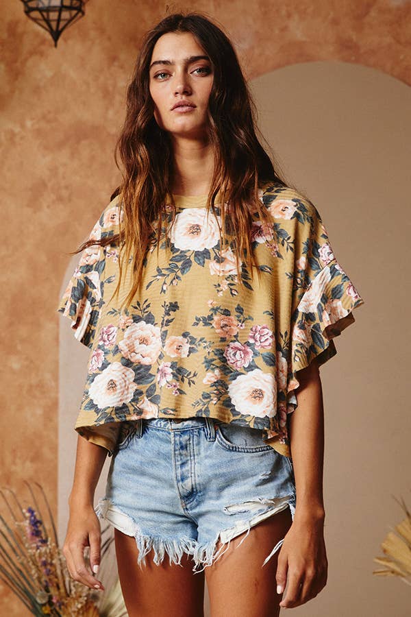 Ruffled Floral Print Cropped Top