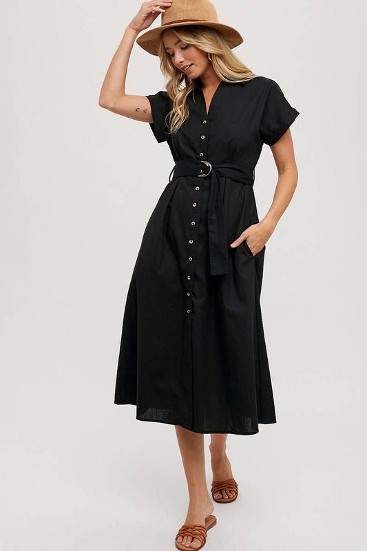 BUTTON DOWN BELTED MIDI DRESS